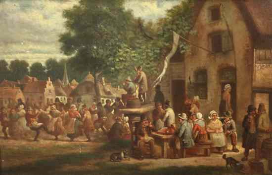 Appraisal: J Buisson oil on wooden panel Flemish figures dancing and