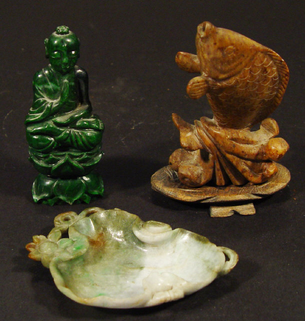 Appraisal: Three oriental hardstone items comprising a spinach green jade figure