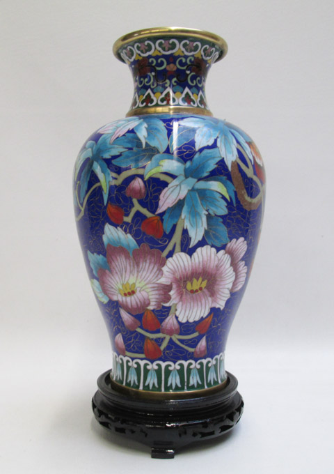 Appraisal: CHINESE CLOISONNE VASE raised on hardwood plinth baluster form vase