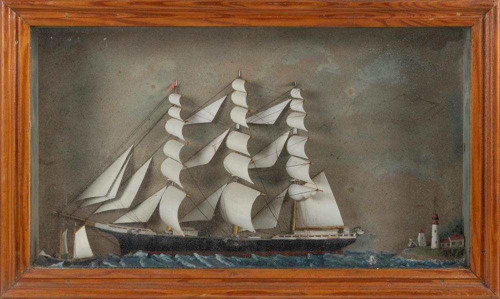 Appraisal: SHADOW BOX DIORAMA OF A THREE-MASTED SHIP UNDER SAIL AMERICA