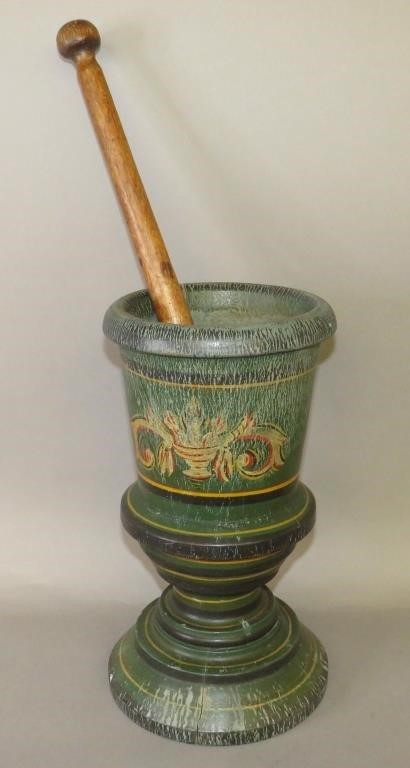 Appraisal: LARGE PAINT DECORATED WOODEN MORTAR WITH PESTLE BYca - decorative