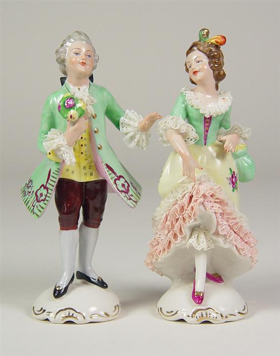 Appraisal: Pair of Dresden Figures Courting couple Painted in shades of