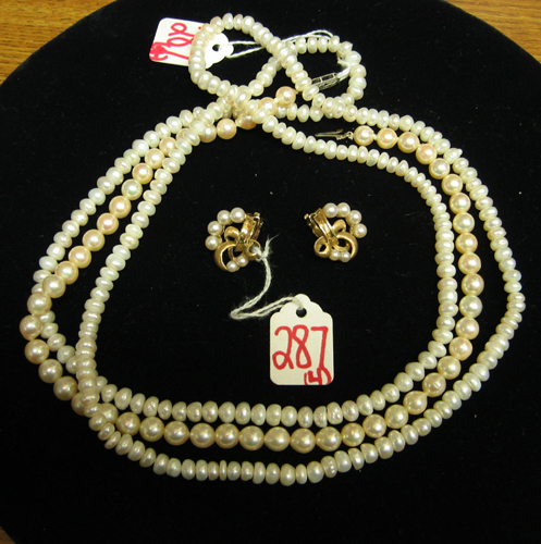 Appraisal: TWO PEARL NECKLACES AND A PAIR OF EARRINGS The necklaces