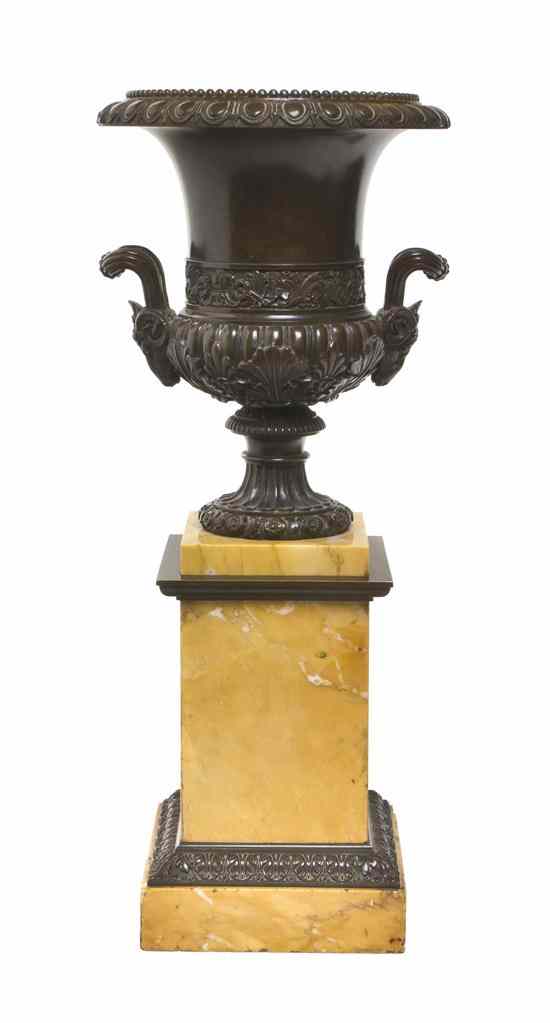 Appraisal: A French Patinated Bronze and Sienna Marble Urn the urn