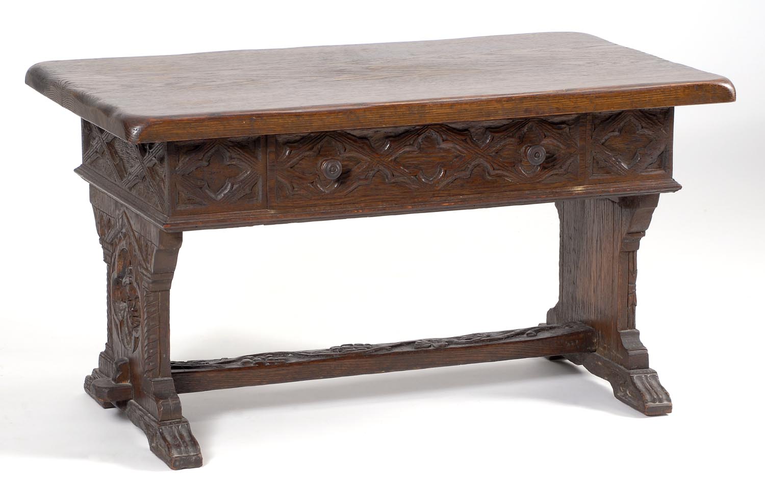 Appraisal: CARVED OAK LOW TABLE with single drawer Height Width Depth