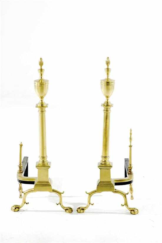 Appraisal: Pair Federal style brass andirons urn finial atop tapering column