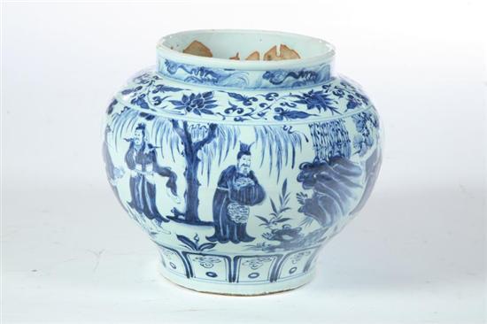 Appraisal: JARDINIERE Chinese th century porcelain Blue and white vase hand