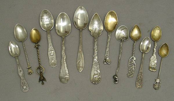 Appraisal: A group of silver souvenir spoonsSome with inscriptions Comprising teaspoons