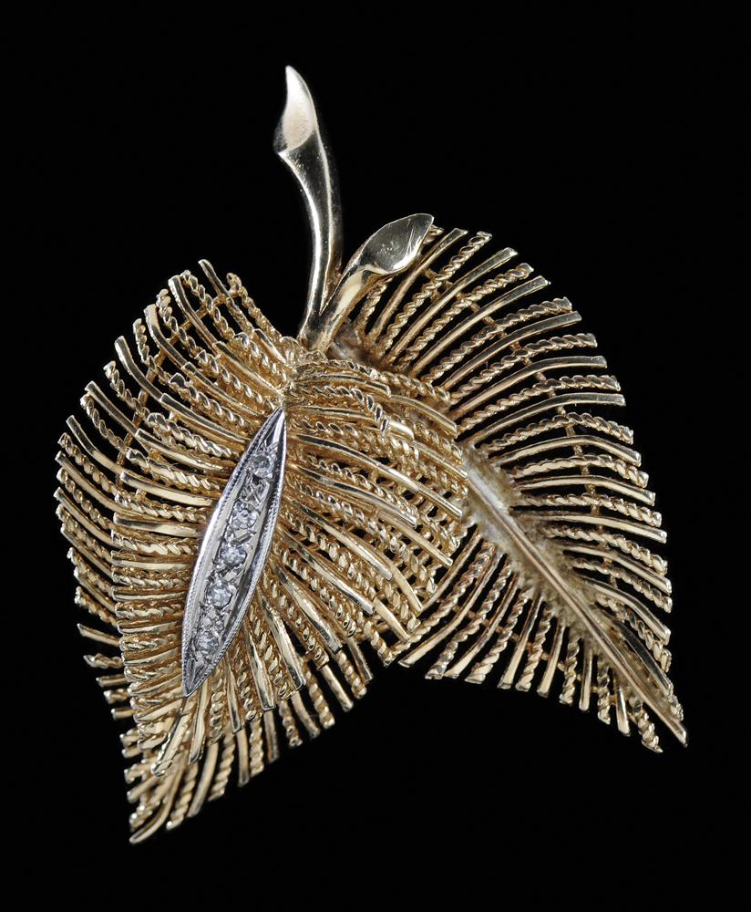 Appraisal: Gold Leaf Brooch five single-cut diamonds estimated weight cts color