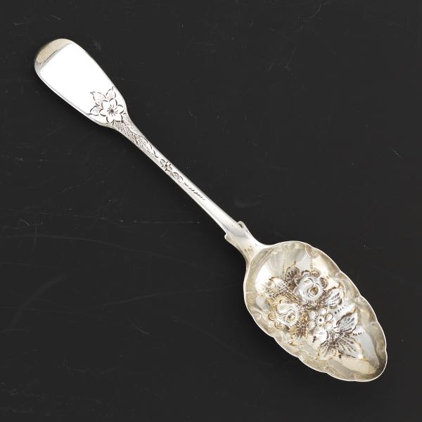 Appraisal: JOHN JAMES WHITING REPOUSSE SPOON Sterling silver berry spoon Weighs