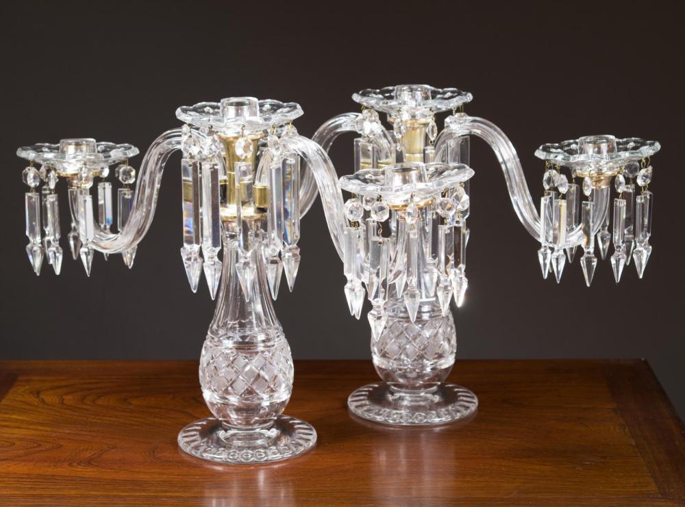 Appraisal: PAIR OF HAWKES CUT CRYSTAL CANDELABRA each three lights with