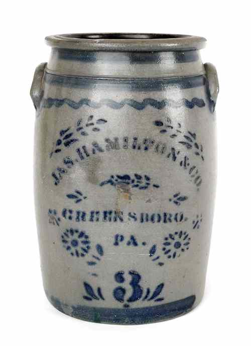 Appraisal: Jas Hamilton three-gallon stoneware crock th c h