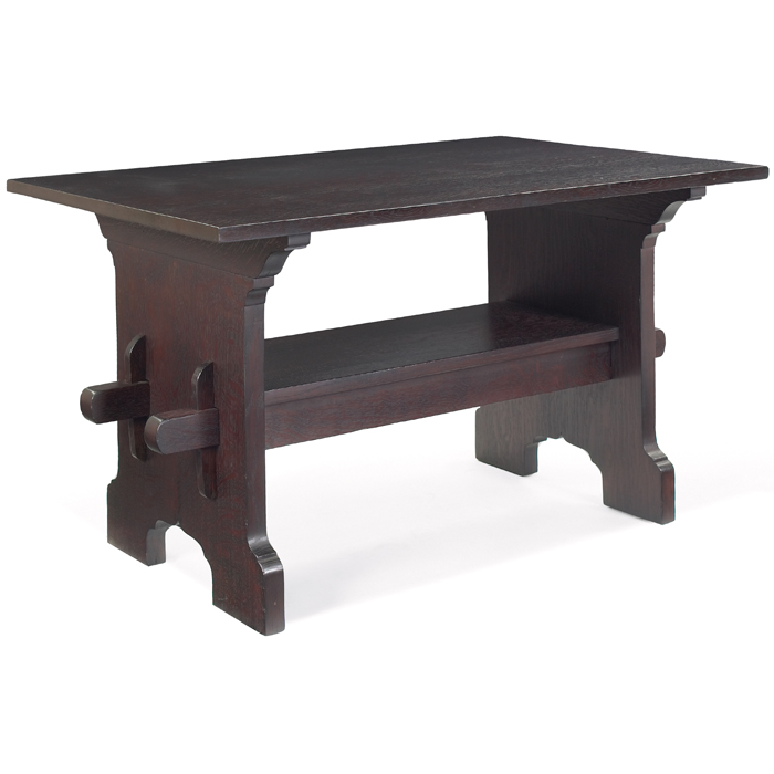 Appraisal: Gustav Stickley Bungalow table rectangular top over a lower stretcher