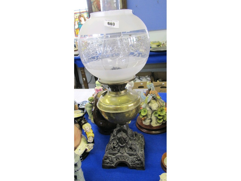 Appraisal: Brass paraffin lamp on cast iron base