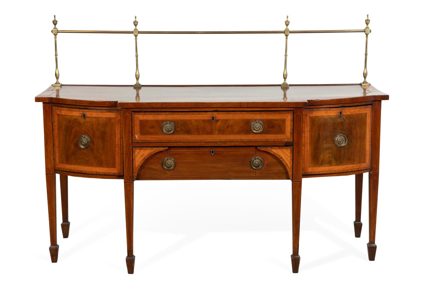 Appraisal: HEPPLEWHITE MAHOGANY SIDEBOARD WITH BRASS GALLERY English George III Hepplewhite