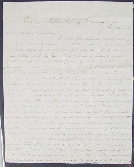 Appraisal: Confederate Civil War Letter From a soldier to his parents