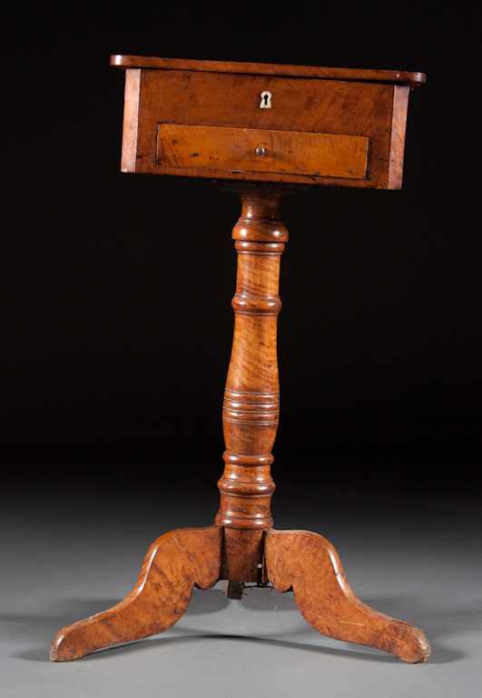 Appraisal: Federal tiger maple sewing stand circa top lifts to reveal