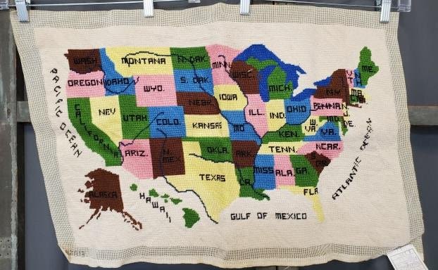 Appraisal: Vintage needlepoint US map including Alaska and Hawaii measures about