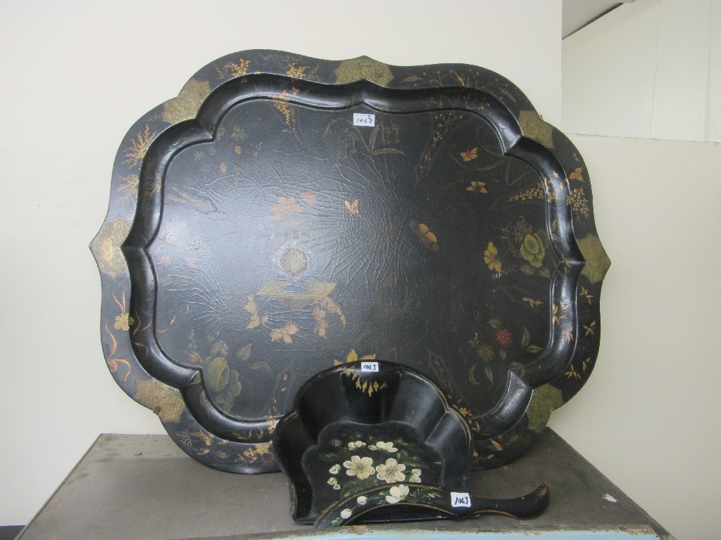 Appraisal: Antique lacquered tray with a similar crumb tray and brush