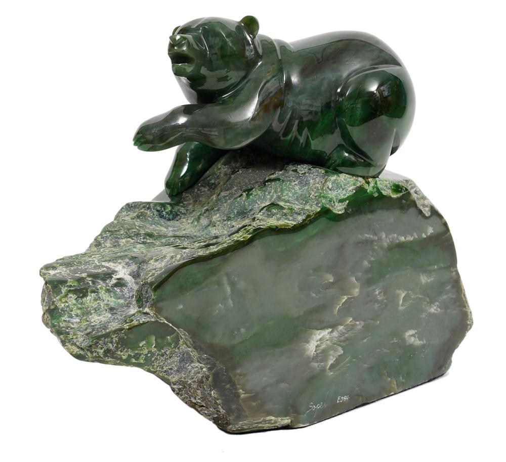 Appraisal: LYLE SOPEL JADE SCULPTURE OF BEAR ON ROCKLyle Sopel Canadian