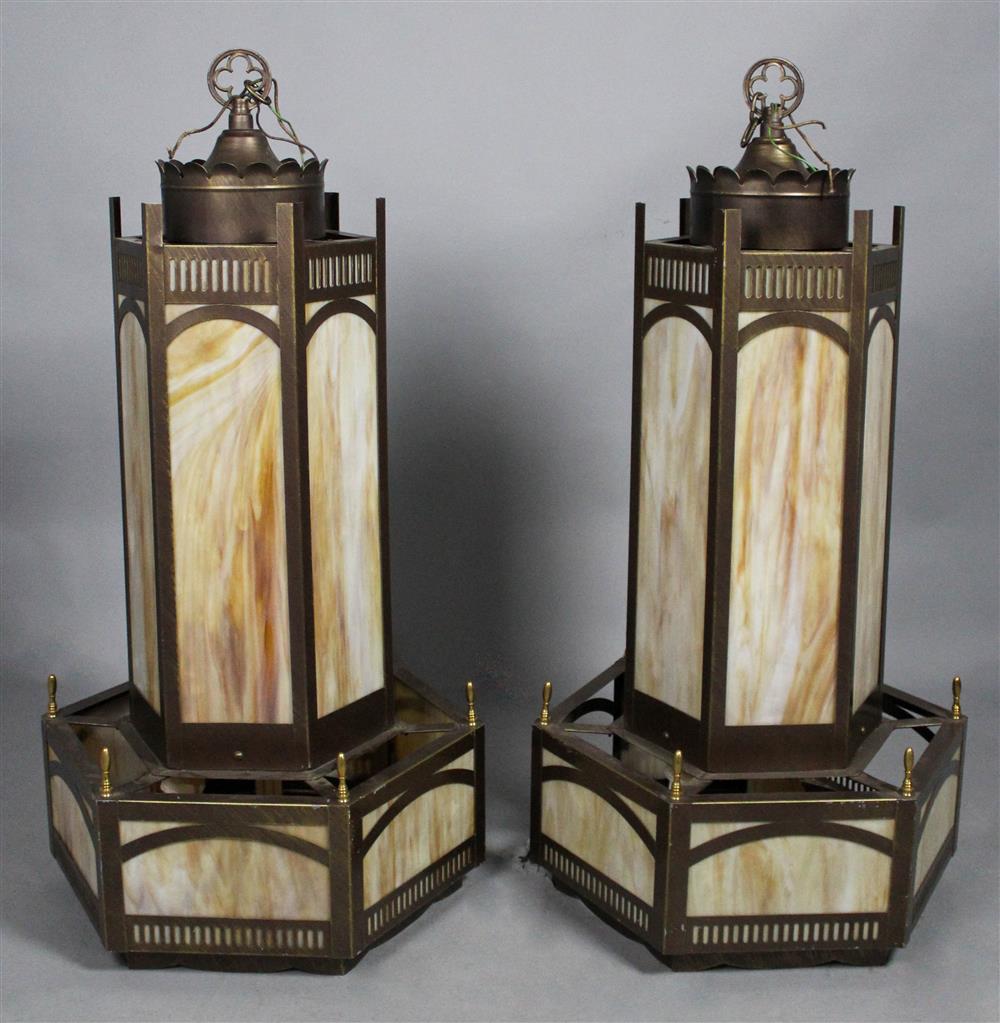 Appraisal: PAIR OF ART DECO STYLE BRASS AND SLAG GLASS LANTERNS