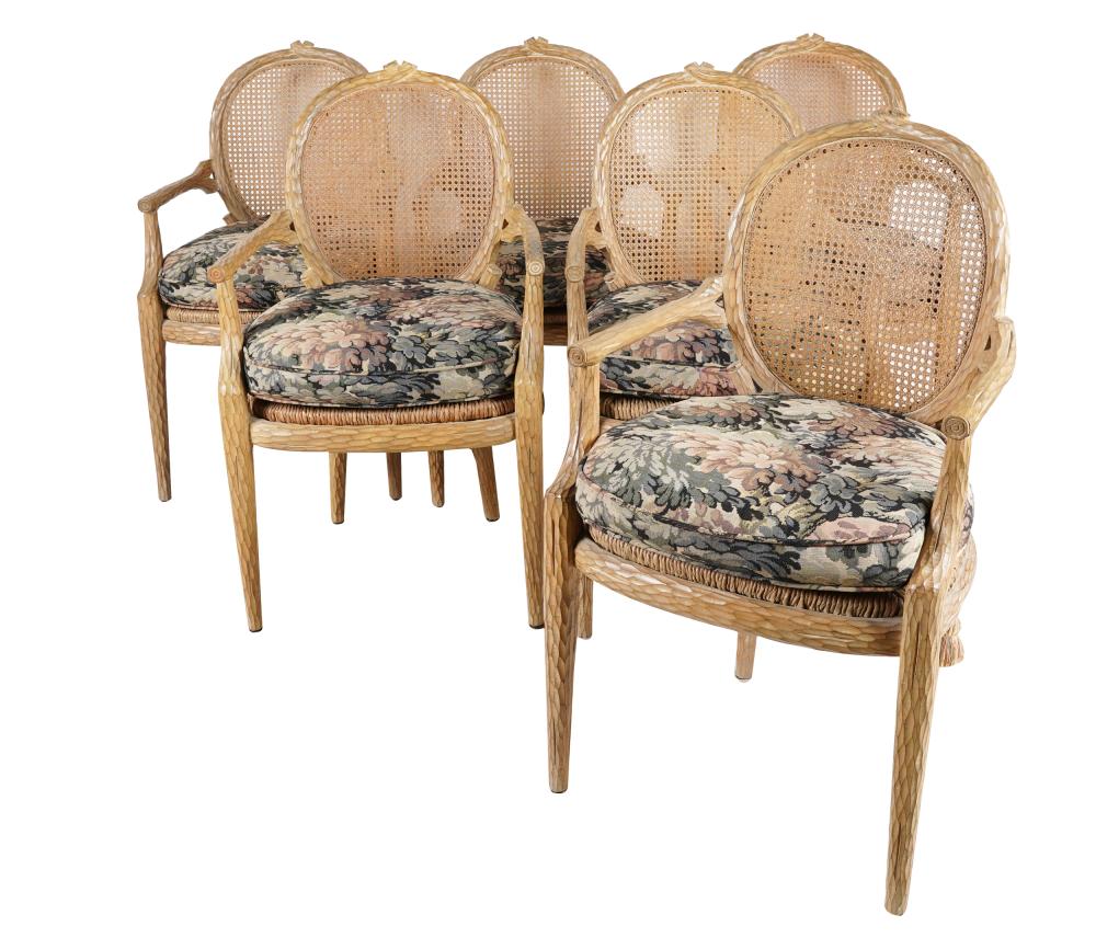 Appraisal: SIX FAUX BOIS CARVED WOOD DINING ARMCHAIRSwith rush seat and