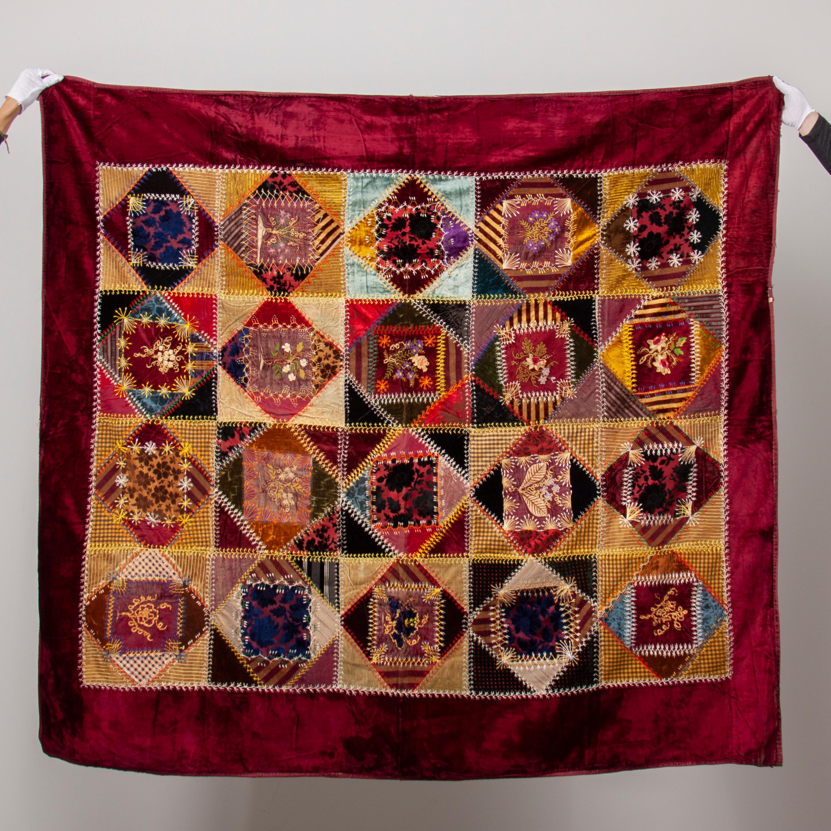 Appraisal: LATE VICTORIAN BOXED SQUARES CRAZY QUILT A late Victorian velvet