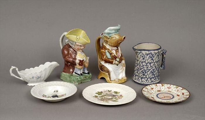 Appraisal: Six Staffordshire Table Articles Including a Toby jug spongeware pitcher