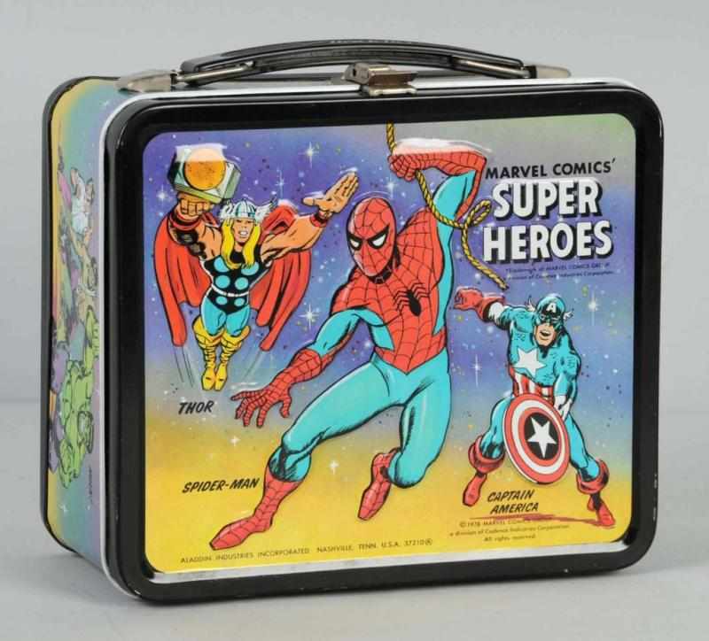 Appraisal: Tin Marvel Comics Superheroes Lunchbox Thermos Description Marked Marvel Comics