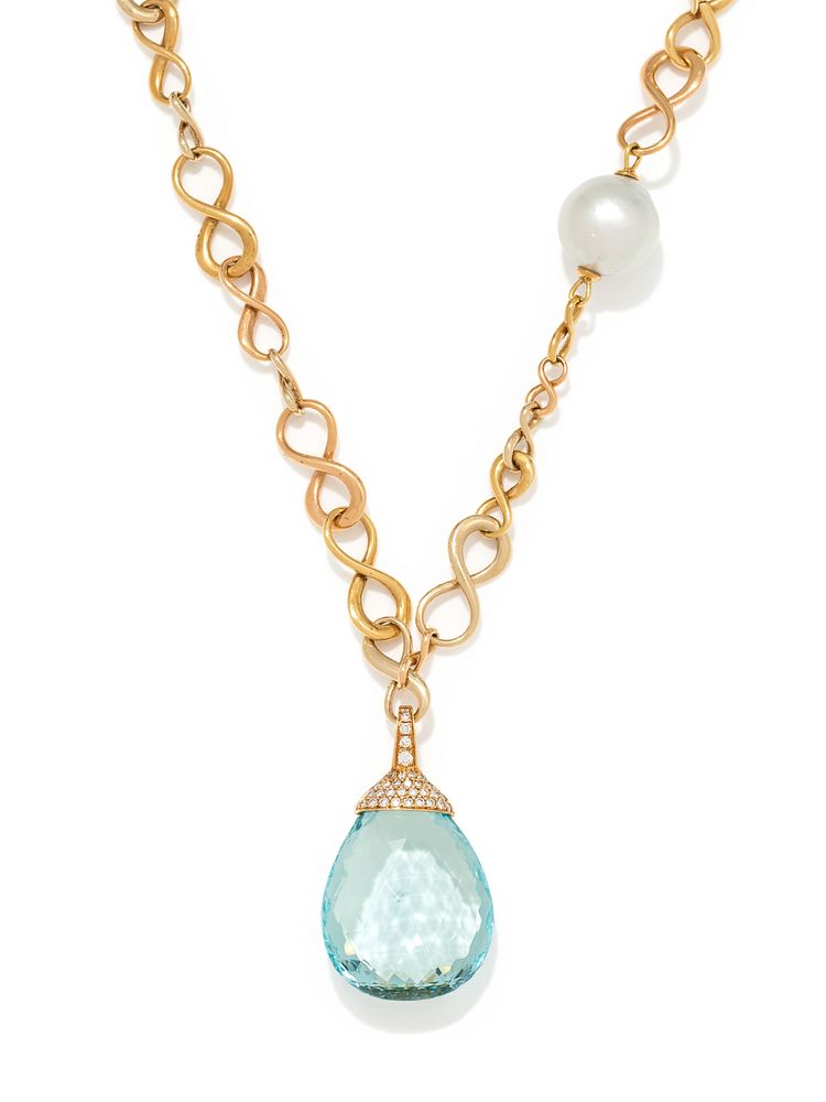 Appraisal: YELLOW GOLD CULTURED SOUTH SEA PEARL AQUAMARINE AND DIAMOND PENDANT