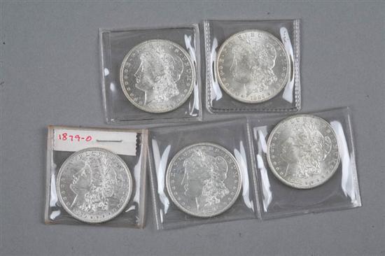 Appraisal: FIVE MORGAN SILVER DOLLARS Years include -O -O -S -O