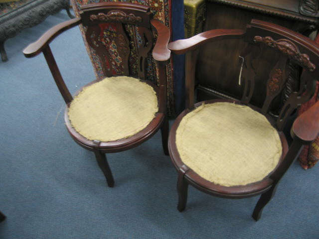 Appraisal: Pair of Victorian Side Chairs barrel back round seats carved