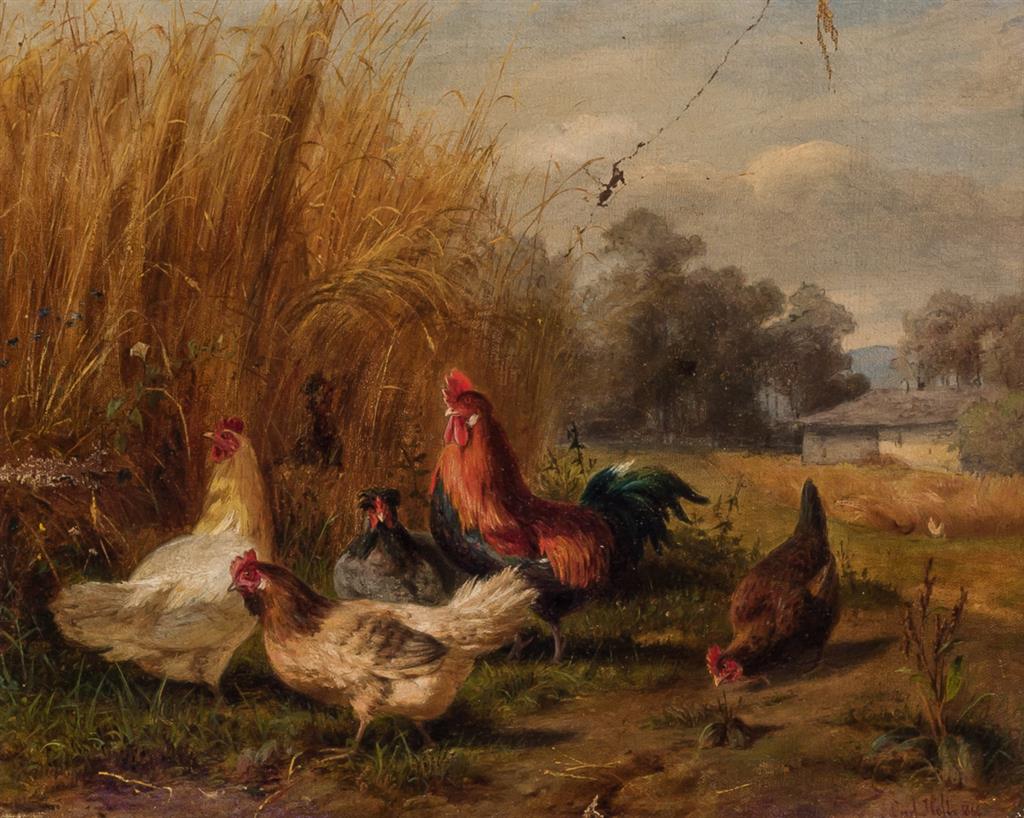 Appraisal: CARL HOLTZ th Century Roosters and Hens oil on canvas