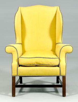 Appraisal: Fine Chippendale style wing chair yellow damask upholstery with checkered