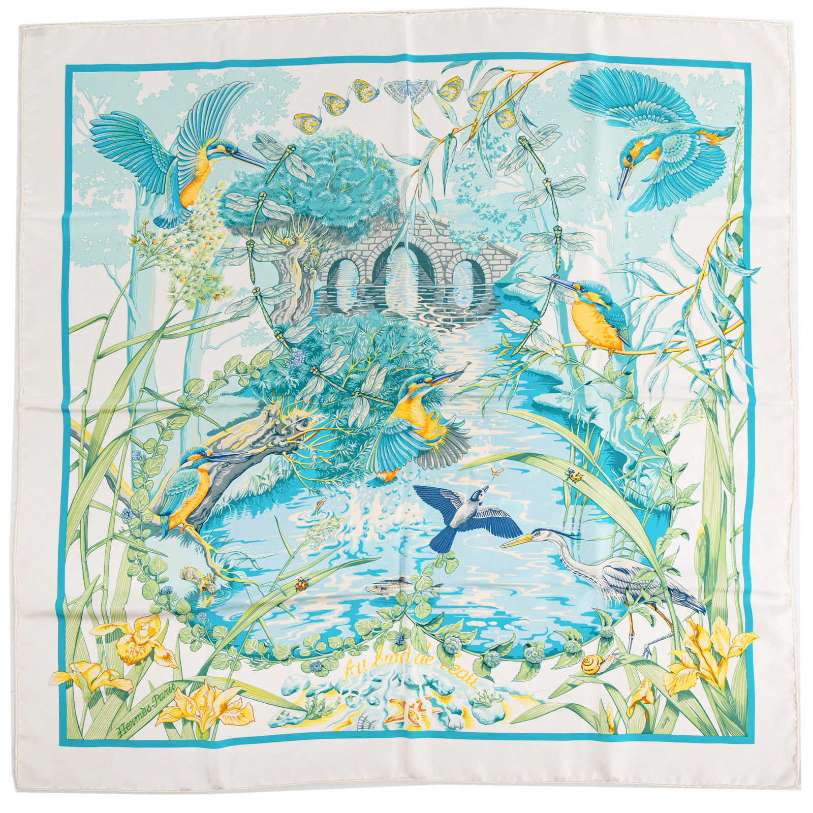 Appraisal: AN HERMES AU BORD DE L'EAU SCARF A white blue