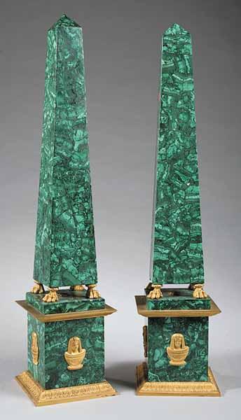 Appraisal: A Large Pair of Bronze-Mounted Malachite Obelisks on paw feet