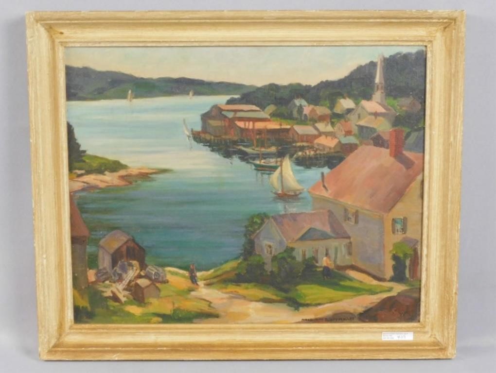 Appraisal: MARGUERITE PEASLEE - MASSACHUSETTS OILpainting on canvas depicting a harbor