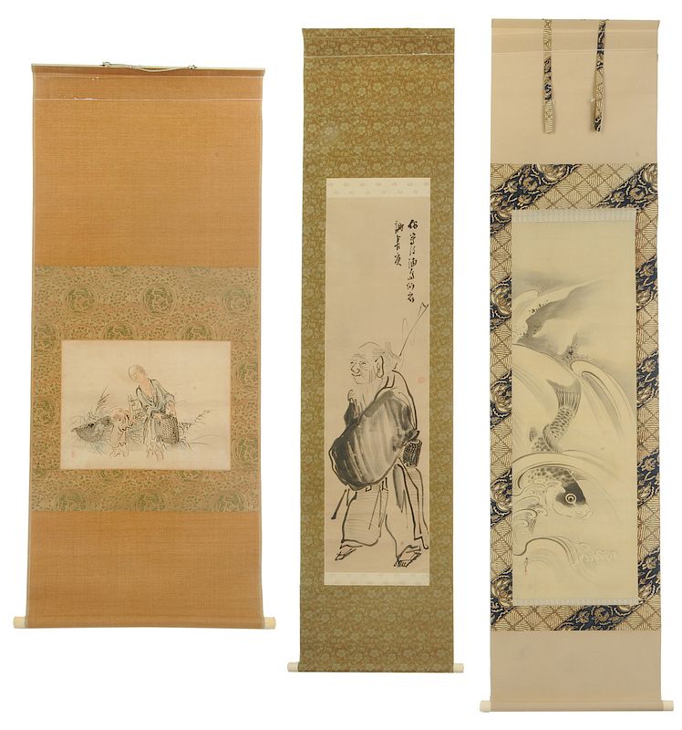 Appraisal: Three Japanese Scrolls Fisherman Carp After Yosa Buson - Fisherman