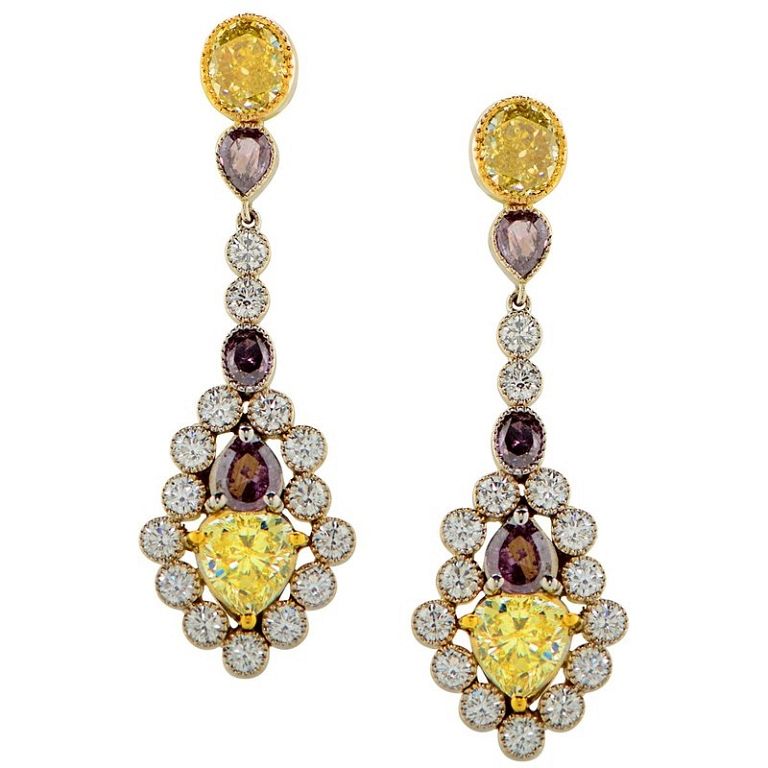 Appraisal: Diamond Drop Platinum Earrings GIA Certificates White Yellow Purple Diamond