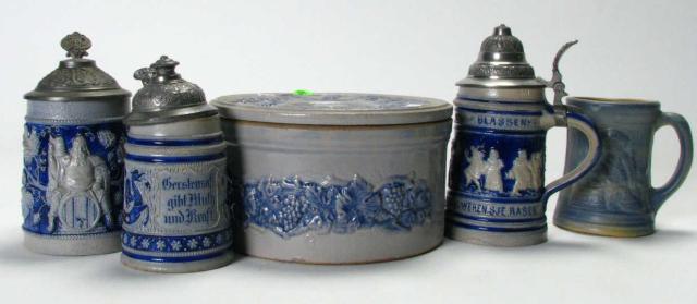 Appraisal: Group of decorated stoneware including three lidded steins with blue