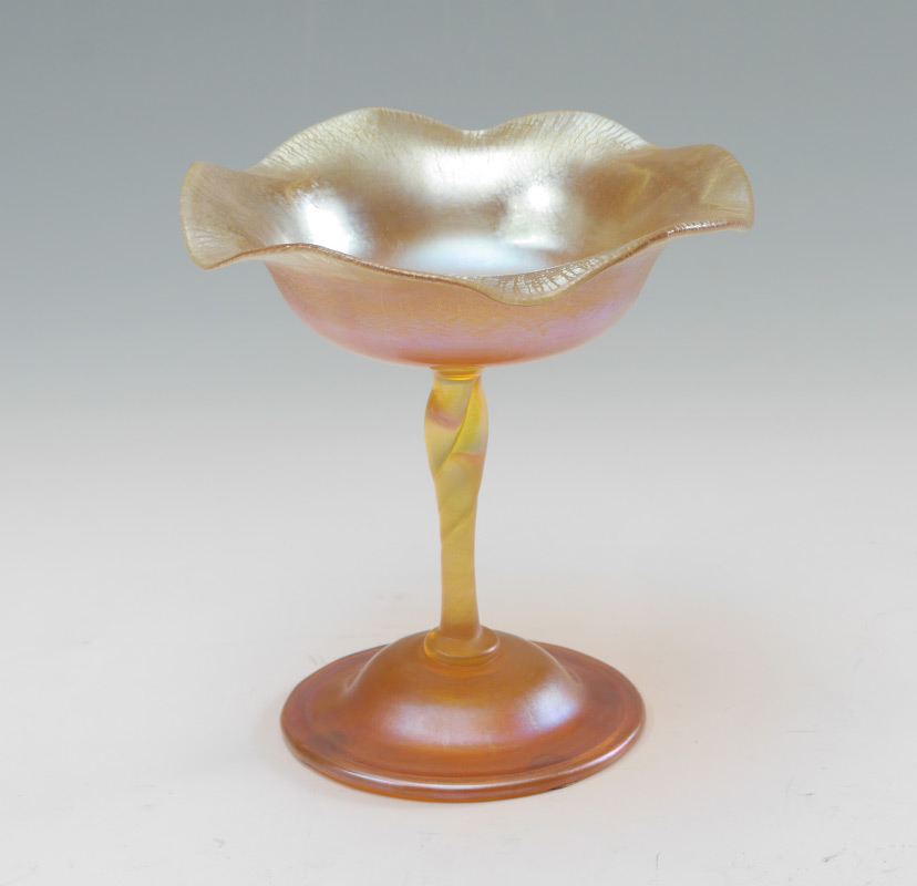 Appraisal: KEW-BLAS IRIDESCENT COMPOTE Ruffled floriform rim iridescent crackle finish signed