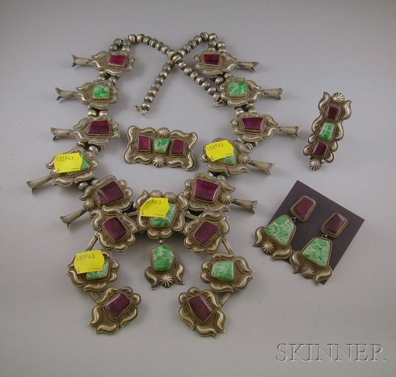 Appraisal: Matching Suite of Navajo Squash Blossom Necklace Earrings Pin and