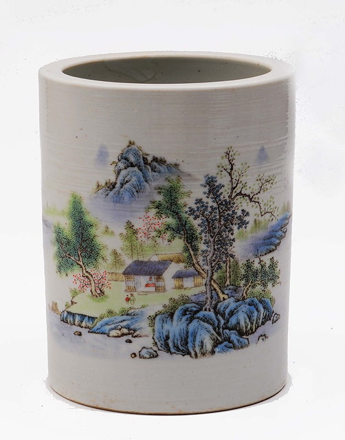 Appraisal: A Chinese polychrome brush potRepublic periodhaving a polychrome landscape and