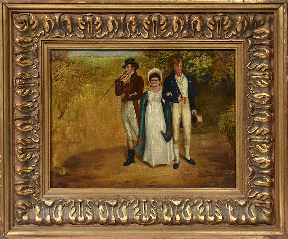 Appraisal: th C oil on canvas of three Victorian figures in