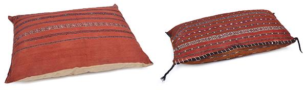 Appraisal: TWO LARGE FLOOR CUSHIONS COVERED IN HAND WOVEN MOROCCAN CLOTH