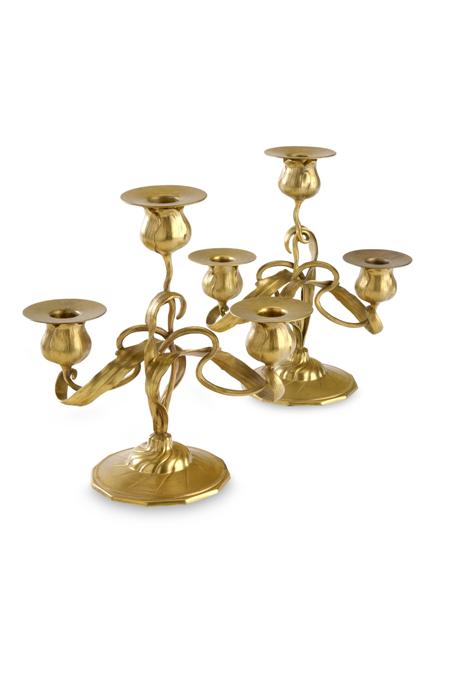 Appraisal: ORIVIT PAIR OF THREE-BRANCH TABLE CANDELABRA CIRCA gilded pewter each