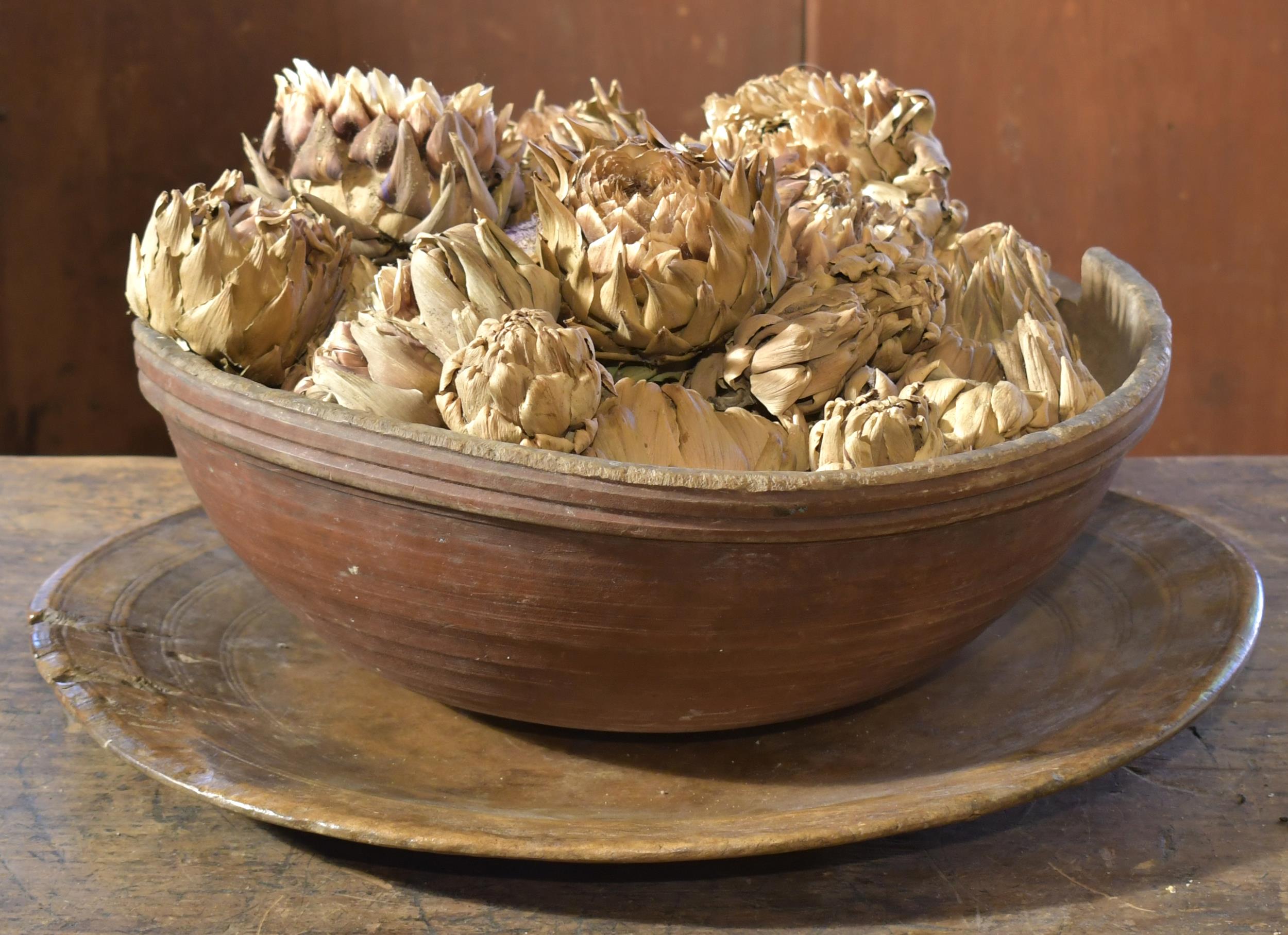 Appraisal: EARLY TURNED WOOD BOWL WITH UNDERTRAY th C red painted