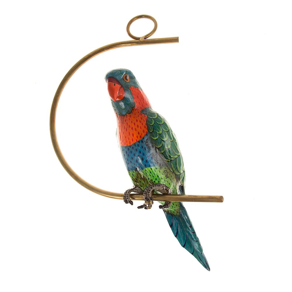 Appraisal: Sergio Bustamante Parrot on swing Mexican b Painted papier-mache parrot