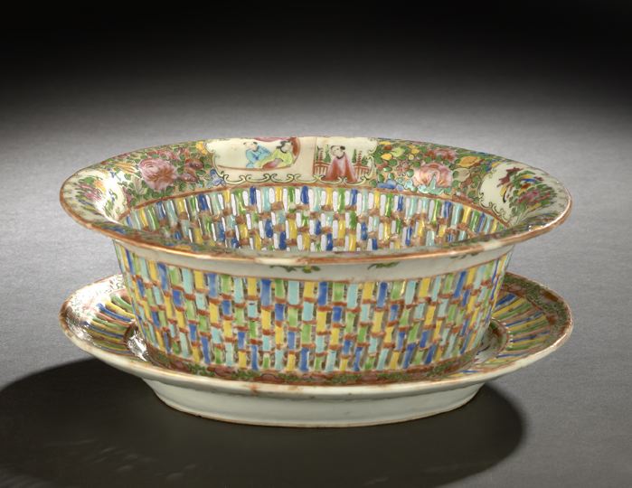 Appraisal: Chinese Export Reticulated Porcelain Fruit Basket and Stand th century