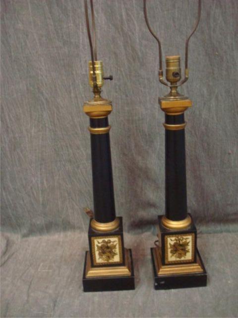 Appraisal: Pair tole metal paint-decorated pillar form lamps Decorative and from